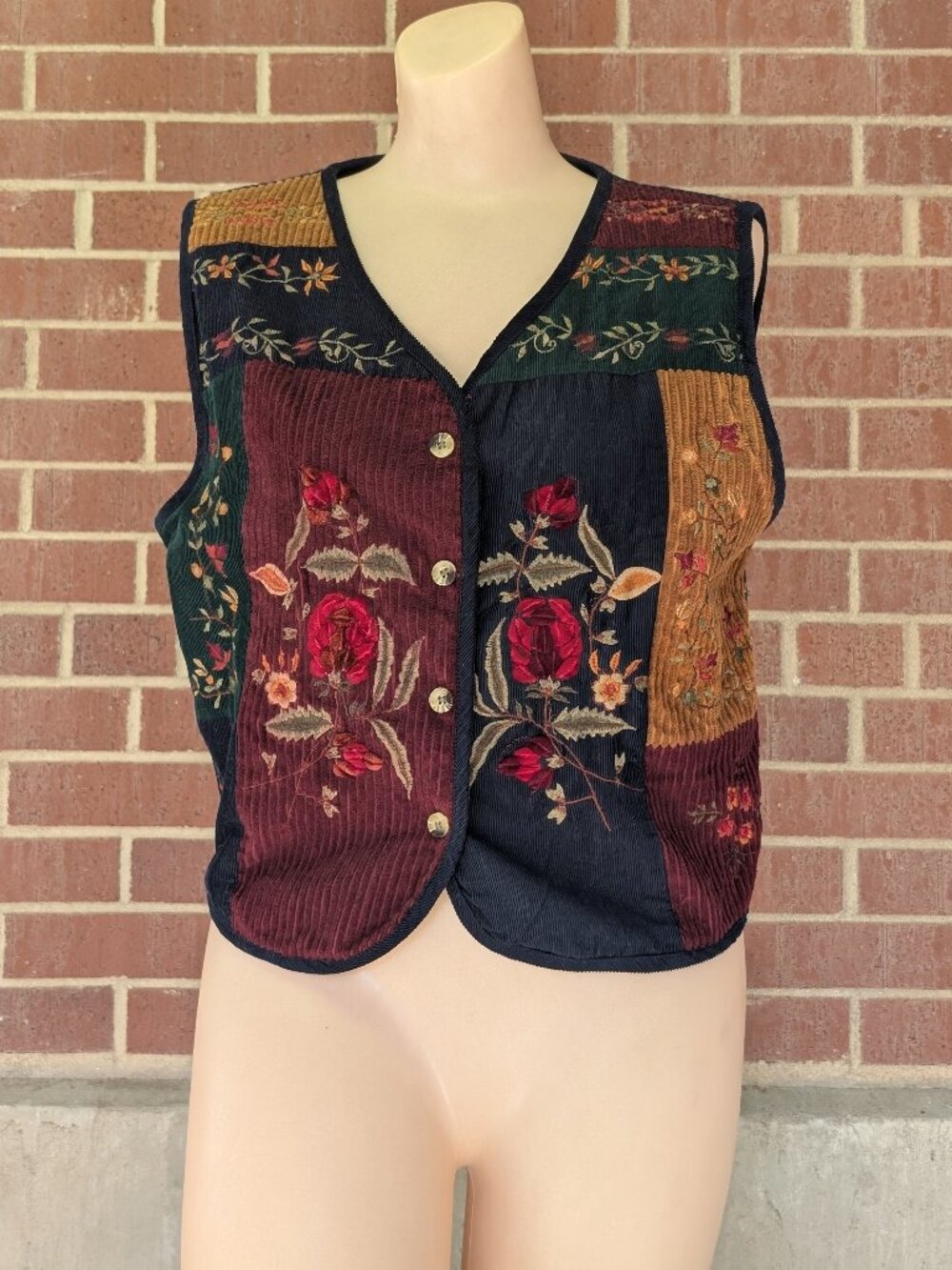 Vintage 90s Patchwork Corduroy Floral Embroidered Vest Whimsigoth Boho Women's M